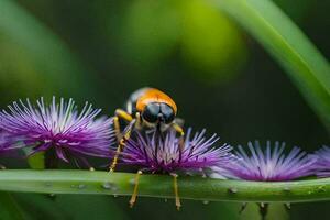 une abeille sur une violet fleur avec vert feuilles. généré par ai photo