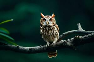 un hibou est séance sur une branche dans le sombre. généré par ai photo