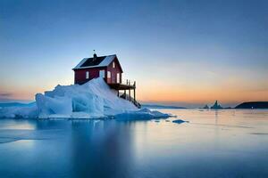 une rouge maison est assis sur Haut de un iceberg. généré par ai photo