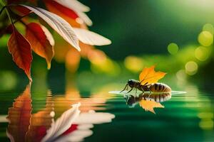 une abeille est flottant sur le l'eau avec feuilles. généré par ai photo