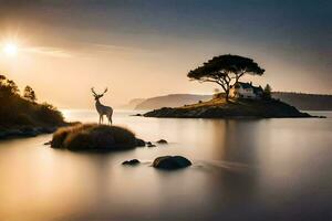 une cerf des stands sur le rive de une Lac avec une arbre dans le Contexte. généré par ai photo