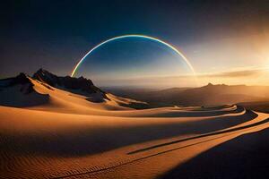 une arc en ciel est vu plus de une désert avec le sable dunes. généré par ai photo