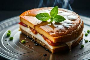 une grillé fromage sandwich avec fromage et Viande sur une plaque. généré par ai photo