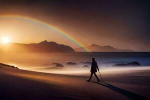 une homme en marchant sur le plage avec une arc en ciel dans le Contexte. généré par ai photo