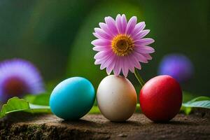 Trois coloré des œufs avec une fleur. généré par ai photo