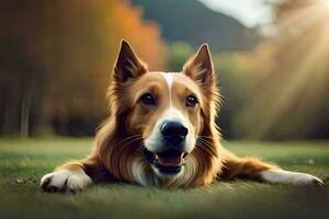 une chien pose sur le herbe avec le Soleil brillant. généré par ai photo