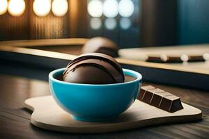 Chocolat dans une bol sur une en bois tableau. généré par ai photo