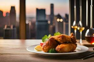 frit poulet sur une assiette avec une vue de le ville. généré par ai photo