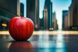 un Pomme est séance sur le sol dans de face de une ville. généré par ai photo