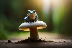 une grenouille séance sur Haut de une champignon. généré par ai photo