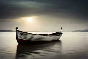 une bateau est assis sur le l'eau dans une calme lac. généré par ai photo