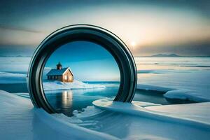 une église est réfléchi dans une circulaire la fenêtre. généré par ai photo