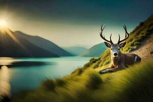 une cerf est séance sur le herbe par une lac. généré par ai photo