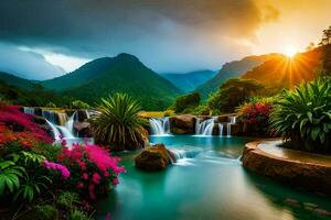 le cascade dans le montagnes. généré par ai photo