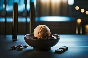 une bol de la glace crème avec Chocolat pièces dans il. généré par ai photo