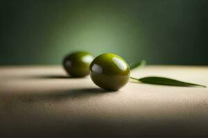 deux vert Olives sur une en bois surface avec une vert Contexte. généré par ai photo