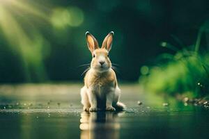 une lapin séance sur le sol dans le pluie. généré par ai photo