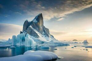 le Soleil ensembles plus de un iceberg dans le Arctique. généré par ai photo