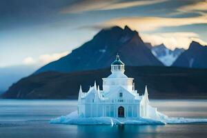 une blanc église sur un iceberg dans le milieu de le océan. généré par ai photo