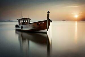 une bateau est séance sur le l'eau à le coucher du soleil. généré par ai photo