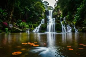 le cascade est entouré par l'eau fleurs de lys et Orange fleurs. généré par ai photo