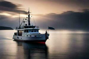 une bateau est voile sur le l'eau à le coucher du soleil. généré par ai photo