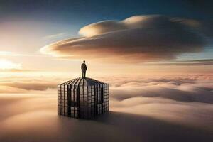 une homme des stands sur Haut de une bâtiment dans le des nuages. généré par ai photo