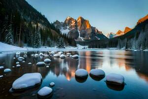 une Lac entouré par neige couvert rochers et des arbres. généré par ai photo