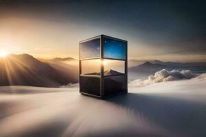 une cube avec une fenêtre dans le milieu de une Montagne. généré par ai photo