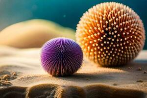 deux violet et un rose épineux Balle sur le sable. généré par ai photo