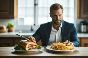 une homme dans une costume est en mangeant une Burger et frites. généré par ai photo