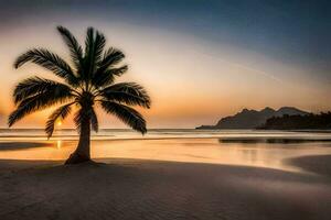une paume arbre des stands sur le plage à le coucher du soleil. généré par ai photo