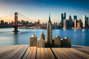 une en bois table avec une vue de le Nouveau york ligne d'horizon. généré par ai photo