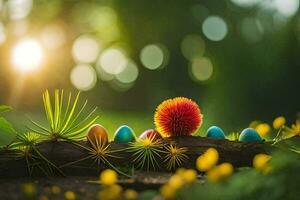 coloré Pâques des œufs sur une branche dans le Soleil. généré par ai photo