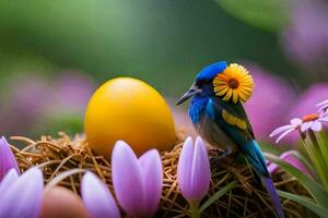 photo fond d'écran le oiseau, fleurs, le nid, le œuf, le fleur, le oiseau,. généré par ai