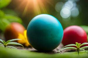coloré des œufs sont montré dans le herbe. généré par ai photo