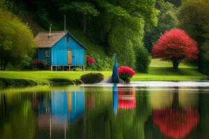 une bleu maison est assis sur le bord de une lac. généré par ai photo