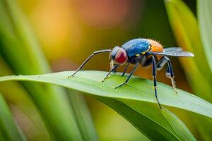 une mouche avec rouge yeux séance sur une feuille. généré par ai photo