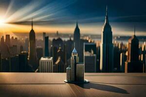 une miniature gratte-ciel est séance sur une table dans de face de une ville ligne d'horizon. généré par ai photo