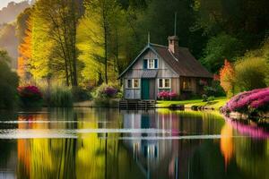 une petit maison est assis sur le bord de une lac. généré par ai photo