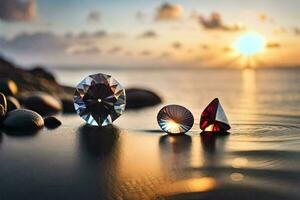 Trois diamants sont séance sur le plage à le coucher du soleil. généré par ai photo