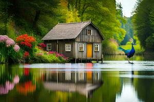 une maison sur le l'eau avec une paon permanent sur le rive. généré par ai photo