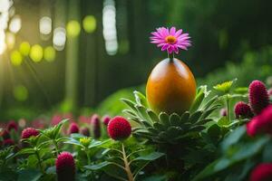 une fleur est séance sur Haut de un Oeuf dans le milieu de une champ. généré par ai photo