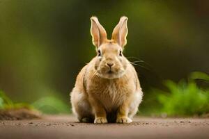 une lapin séance sur le sol dans de face de une vert Contexte. généré par ai photo