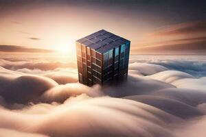 une cube bâtiment dans le des nuages. généré par ai photo