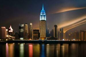 le Empire Etat bâtiment est allumé en haut à nuit. généré par ai photo