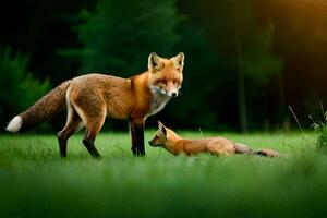 une Renard et sa lionceau dans le herbe. généré par ai photo