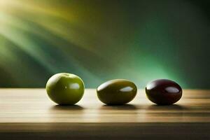 Trois vert et rouge Olives sur une en bois tableau. généré par ai photo