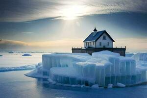 une petit maison est assis sur Haut de un iceberg. généré par ai photo