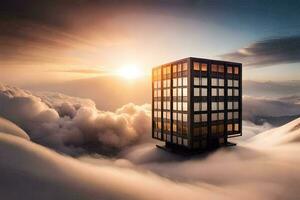 une bâtiment dans le des nuages avec le Soleil brillant. généré par ai photo